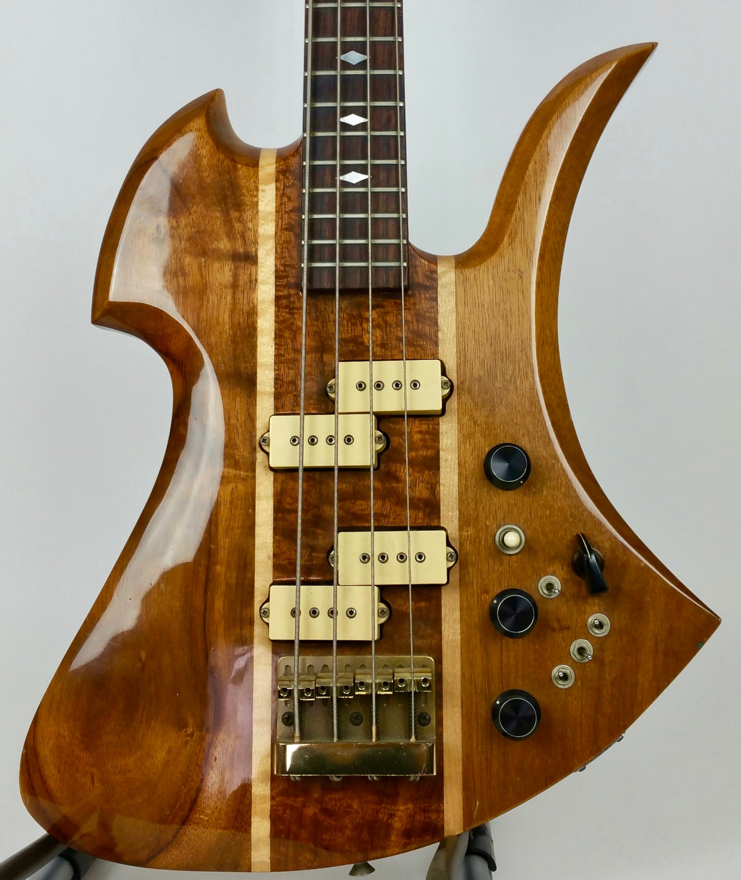 1980 Mockingbird bass, koa w/maple stringers, headstock repair