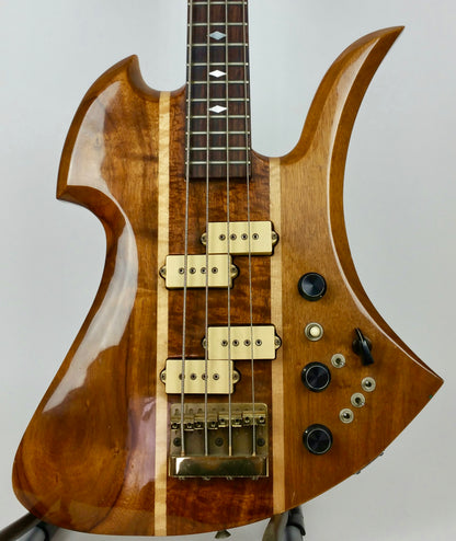 B.C. Rich Mockingbird bass (1980), koa w/maple stringers, headstock repair