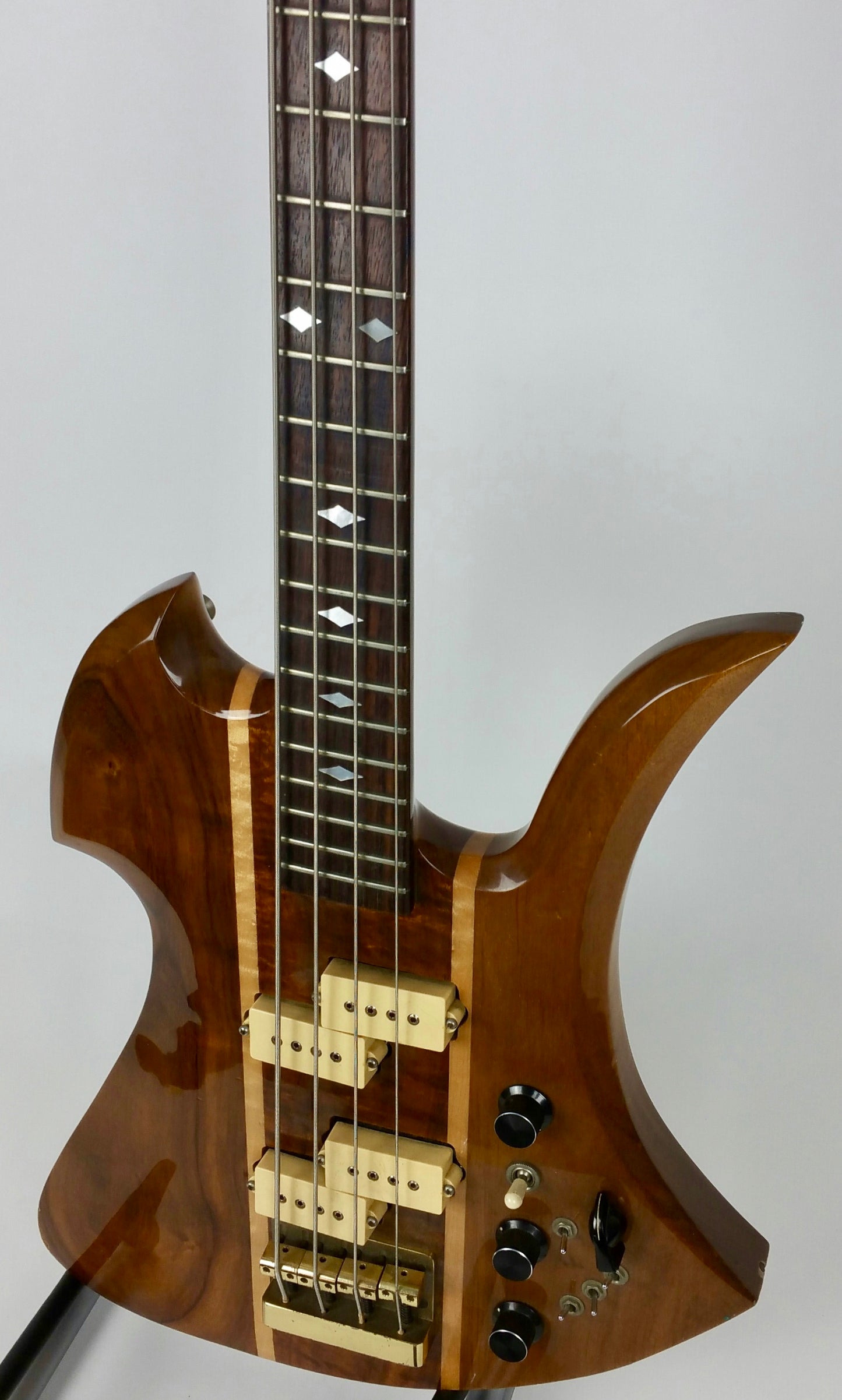 B.C. Rich Mockingbird bass (1980), koa w/maple stringers, headstock repair